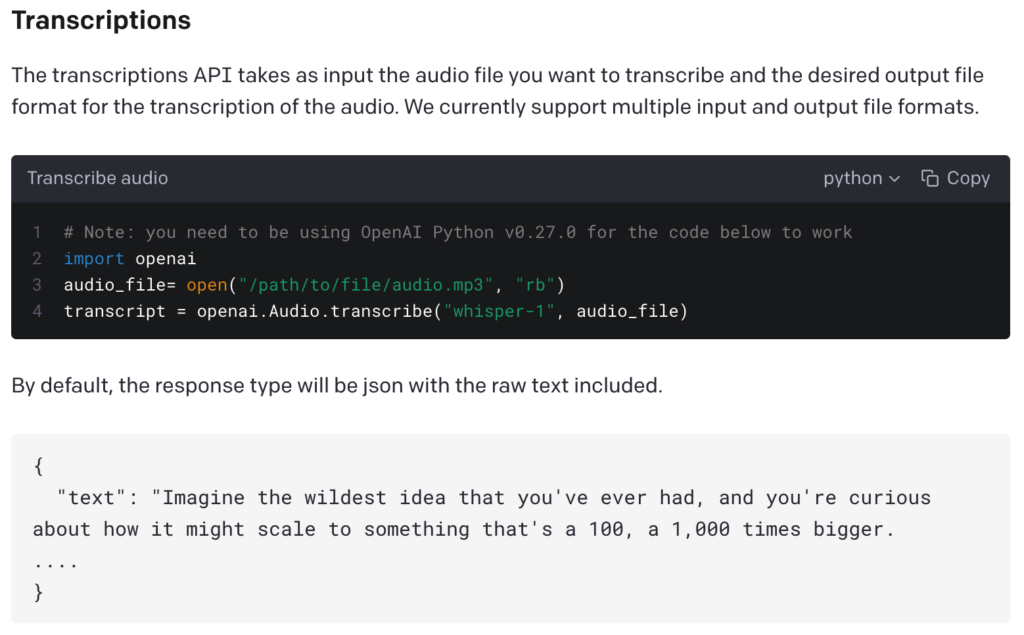 Calling the whisper transcriptions api to convert speech to text